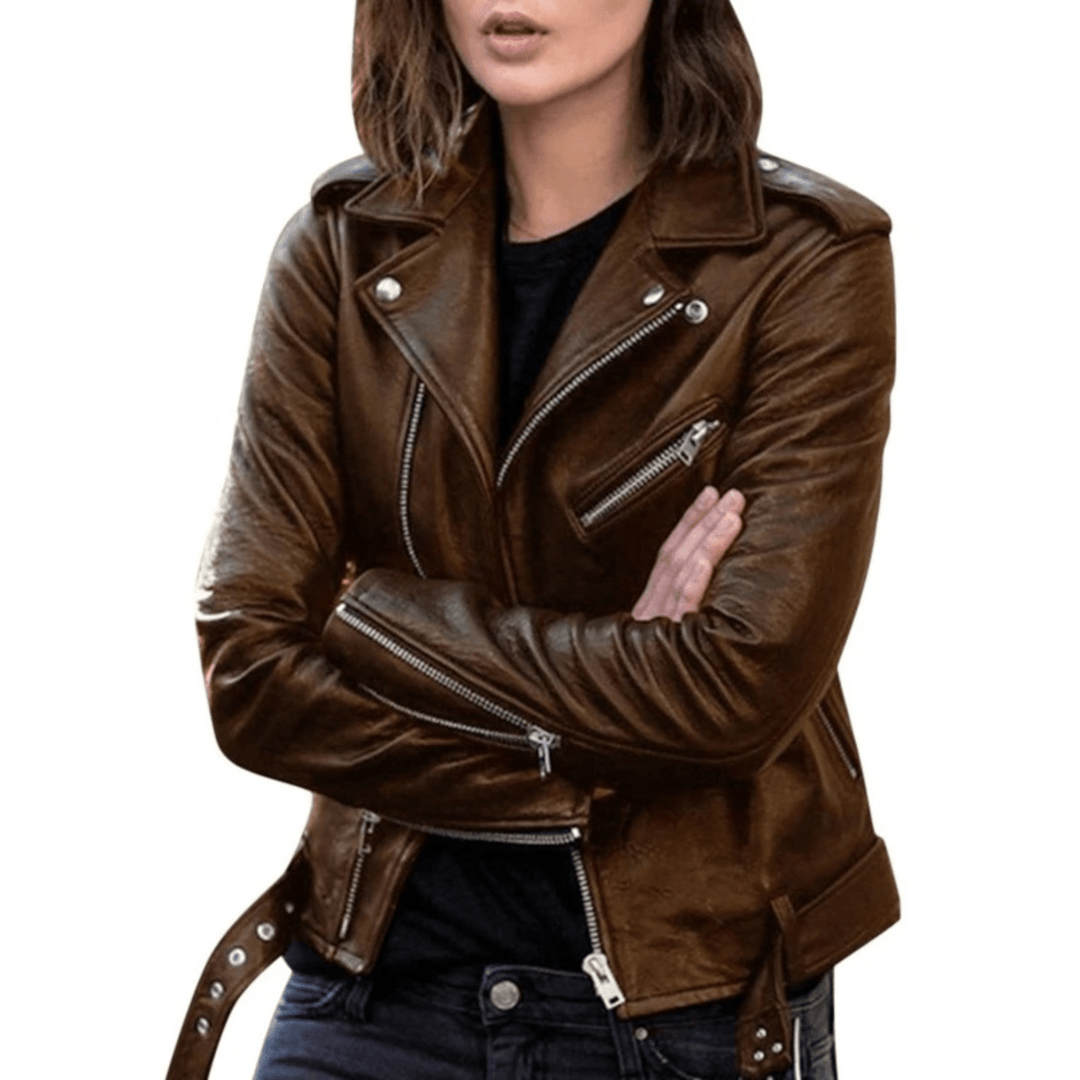 Leren Slim Fit Bikerjack voor Dames – Stoer Model met Ritsen voor Herfst en Casual