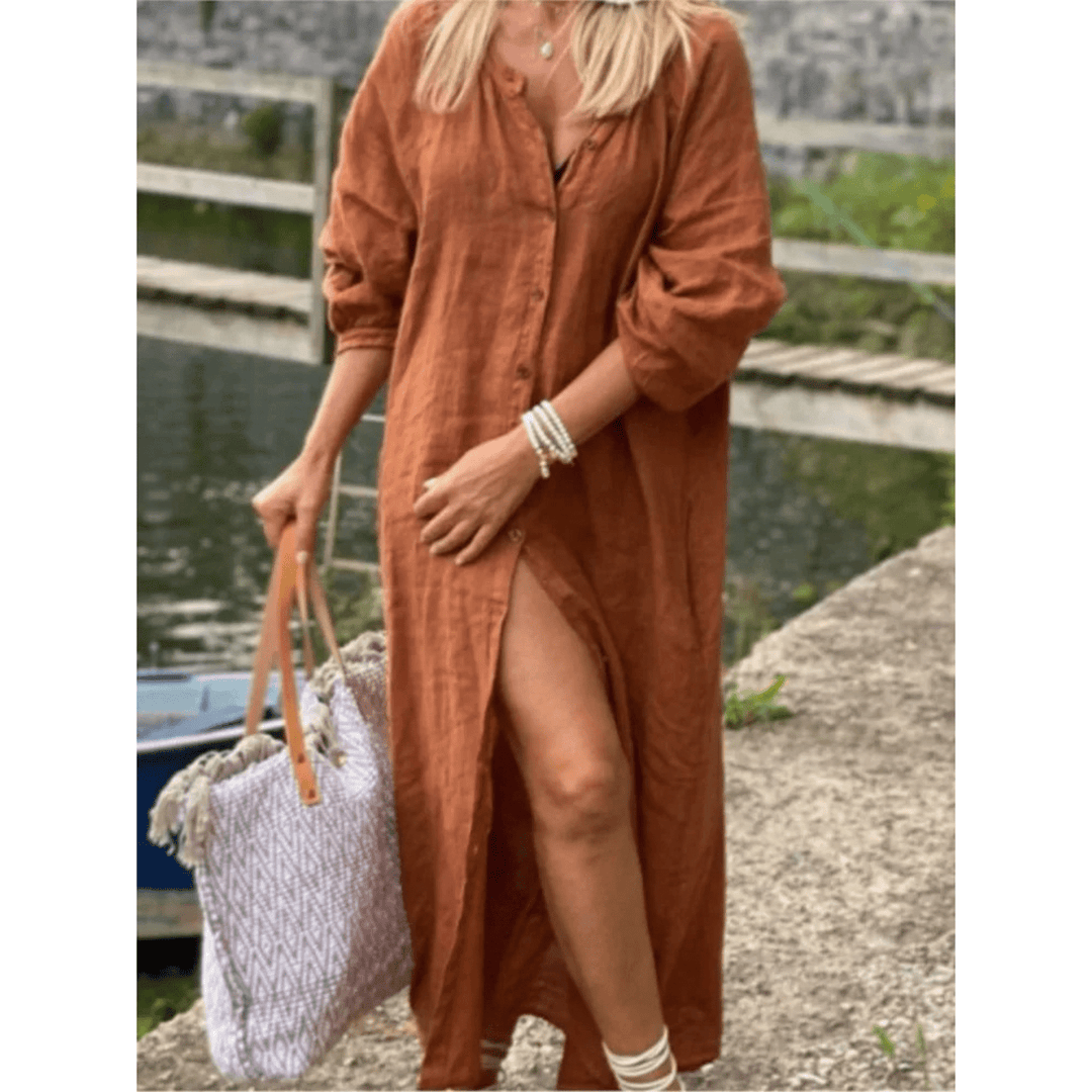 Linnen Strandjurk met Knoopsluiting voor Dames – Losse Maxi Jurk met V-hals