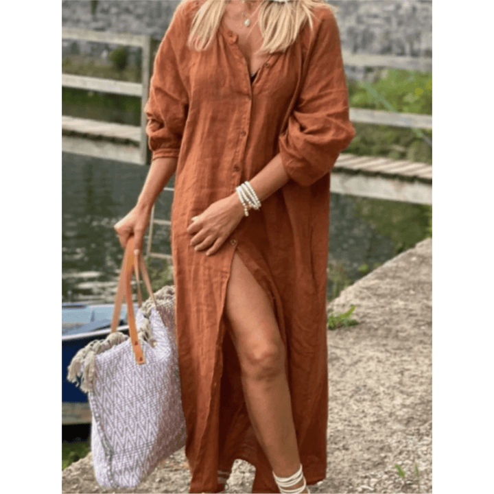 Linnen Strandjurk met Knoopsluiting voor Dames – Losse Maxi Jurk met V-hals