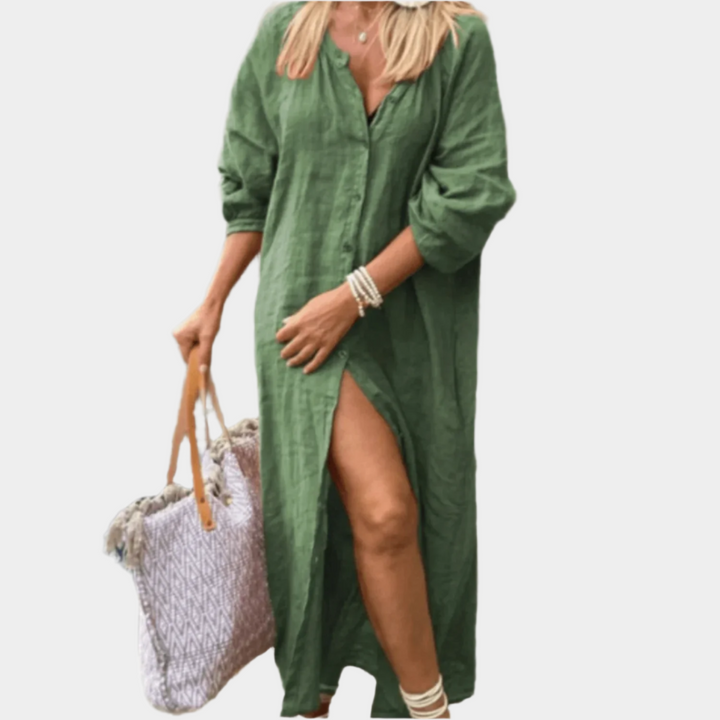 Linnen Strandjurk met Knoopsluiting voor Dames – Losse Maxi Jurk met V-hals