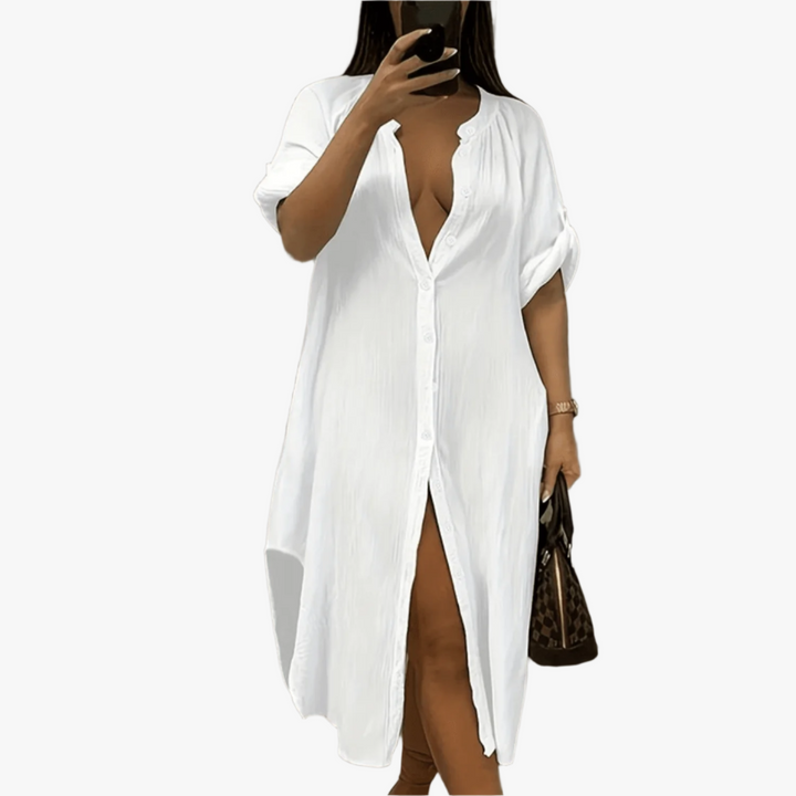Luchtige Dames Overhemdjurk – Casual Zomerjurk met Knoopsluiting & Opgerolde Mouwen