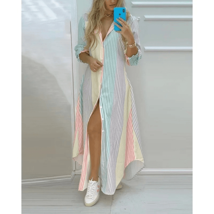 Maxi Jurk met Print en V Hals voor Dames – Casual Zomerjurk met Lange Mouwen
