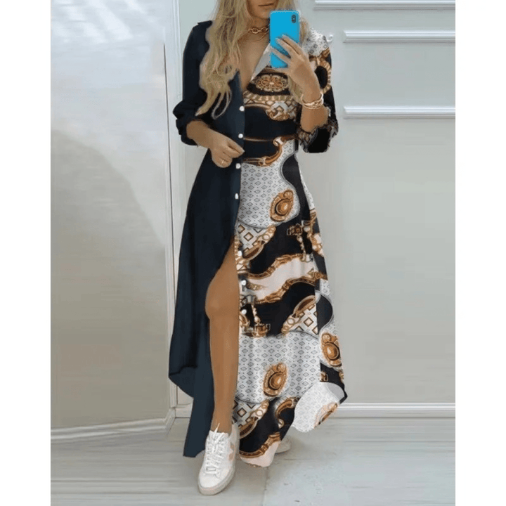 Maxi Jurk met Print en V Hals voor Dames – Casual Zomerjurk met Lange Mouwen