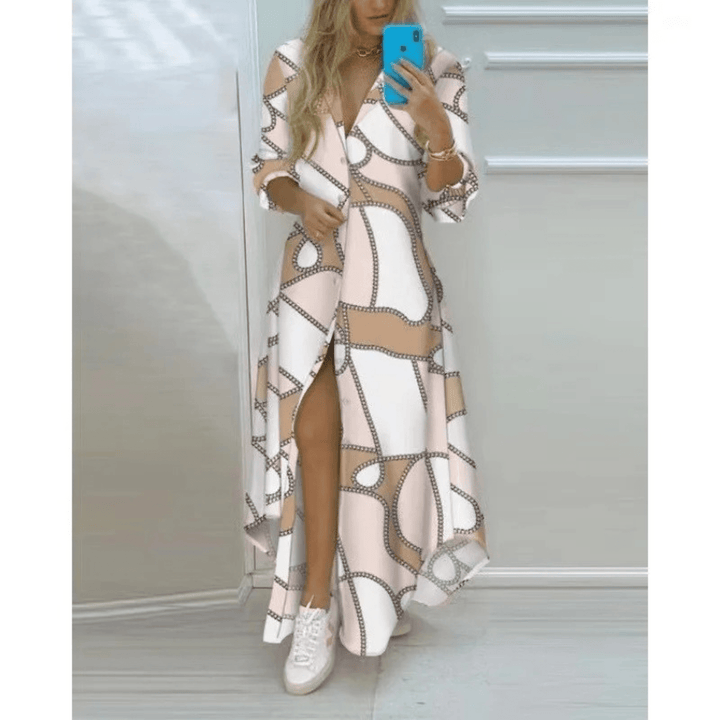 Maxi Jurk met Print en V Hals voor Dames – Casual Zomerjurk met Lange Mouwen