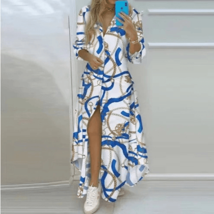 Maxi Jurk met Print en V Hals voor Dames – Casual Zomerjurk met Lange Mouwen