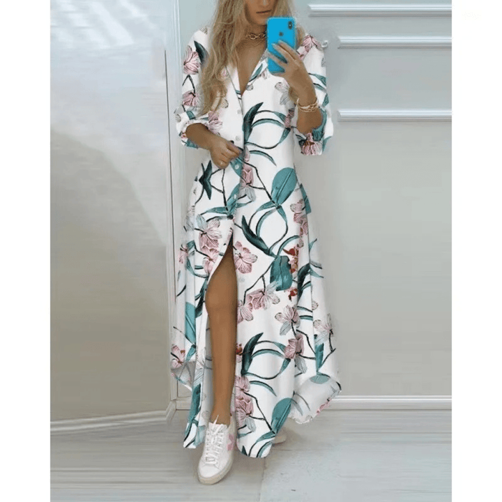 Maxi Jurk met Print en V Hals voor Dames – Casual Zomerjurk met Lange Mouwen