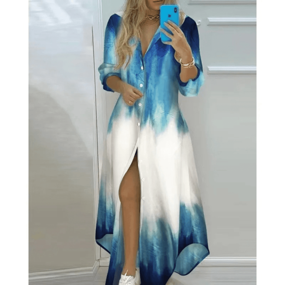 Maxi Jurk met Print en V Hals voor Dames – Casual Zomerjurk met Lange Mouwen