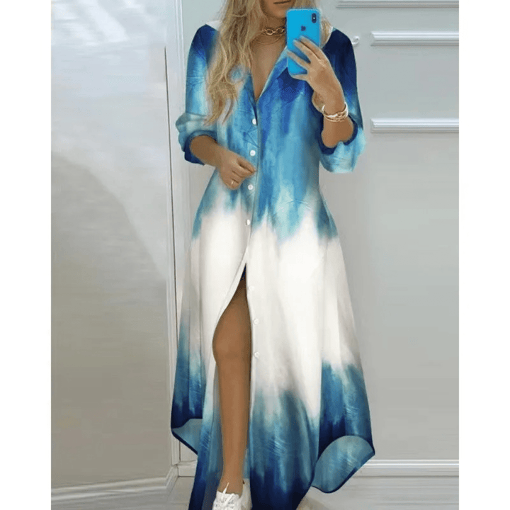 Maxi Jurk met Print en V Hals voor Dames – Casual Zomerjurk met Lange Mouwen