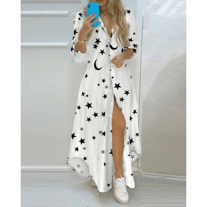 Maxi Jurk met Print en V Hals voor Dames – Casual Zomerjurk met Lange Mouwen