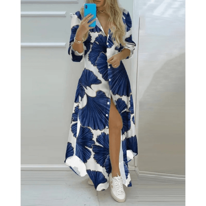 Maxi Jurk met Print en V Hals voor Dames – Casual Zomerjurk met Lange Mouwen