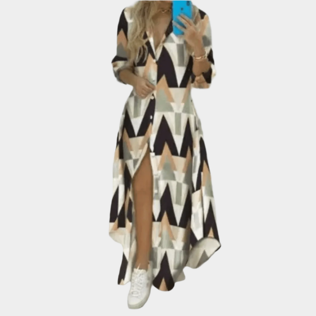 Maxi Jurk met Print en V Hals voor Dames – Casual Zomerjurk met Lange Mouwen