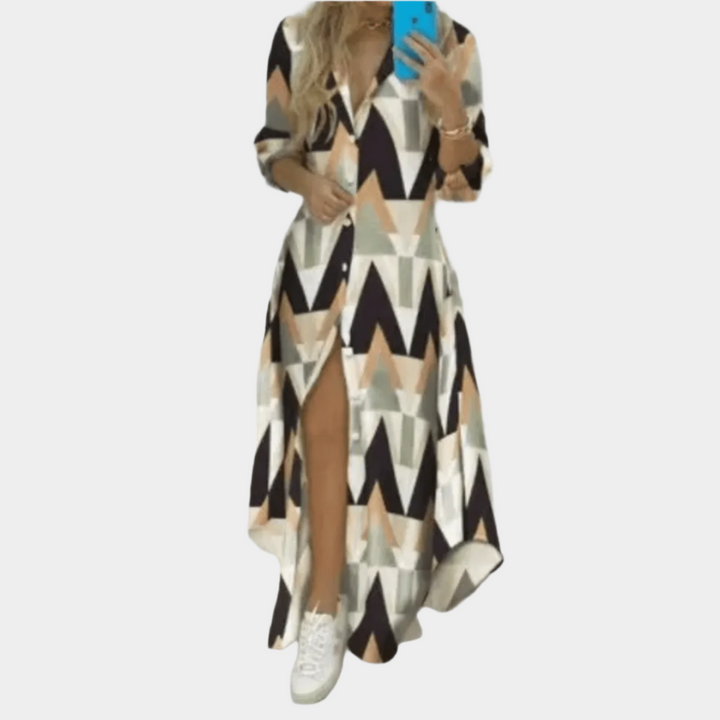 Maxi Jurk met Print en V Hals voor Dames – Casual Zomerjurk met Lange Mouwen