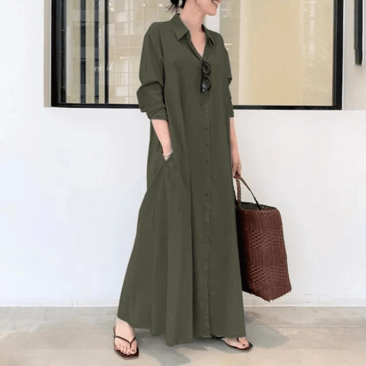 Maxi Overhemdjurk met Lange Mouwen voor Dames – Casual Zomerjurk met Zakken