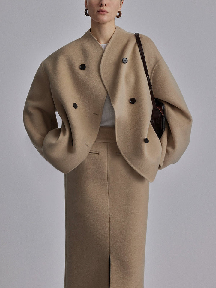 Oversized Dames Mantel – Korte Winterjas met Dubbele Rij Knopen, Trendy en Stijlvol
