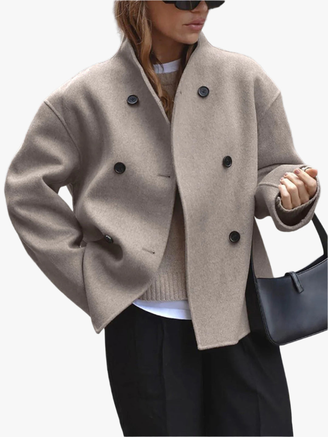 Oversized Dames Mantel – Korte Winterjas met Dubbele Rij Knopen, Trendy en Stijlvol