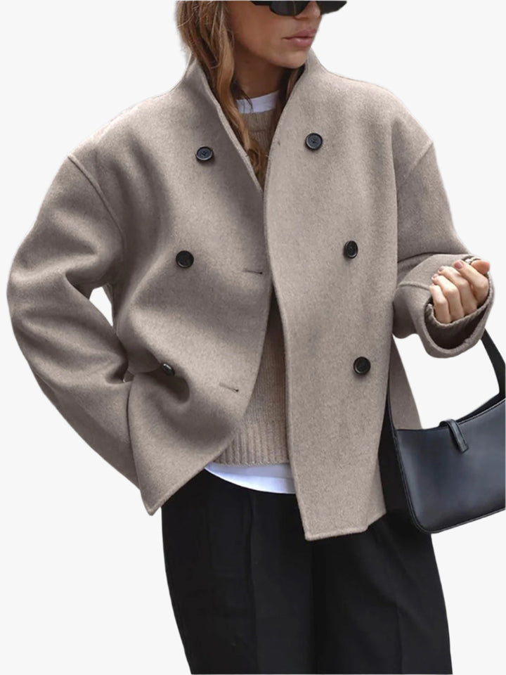 Oversized Dames Mantel – Korte Winterjas met Dubbele Rij Knopen, Trendy en Stijlvol