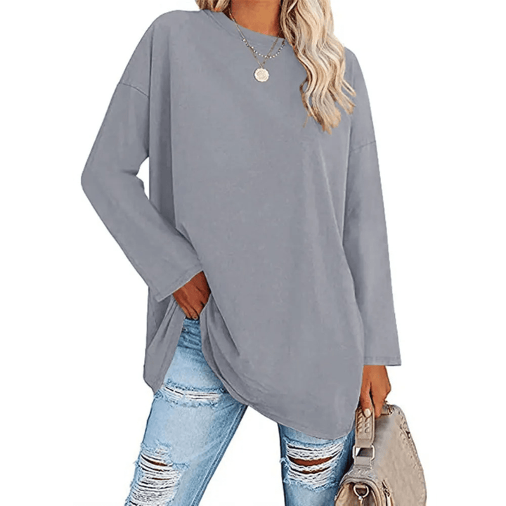 Oversized Dames Shirt – Losse Lange Top met Ronde Hals voor Lente en Dagelijks Gebruik