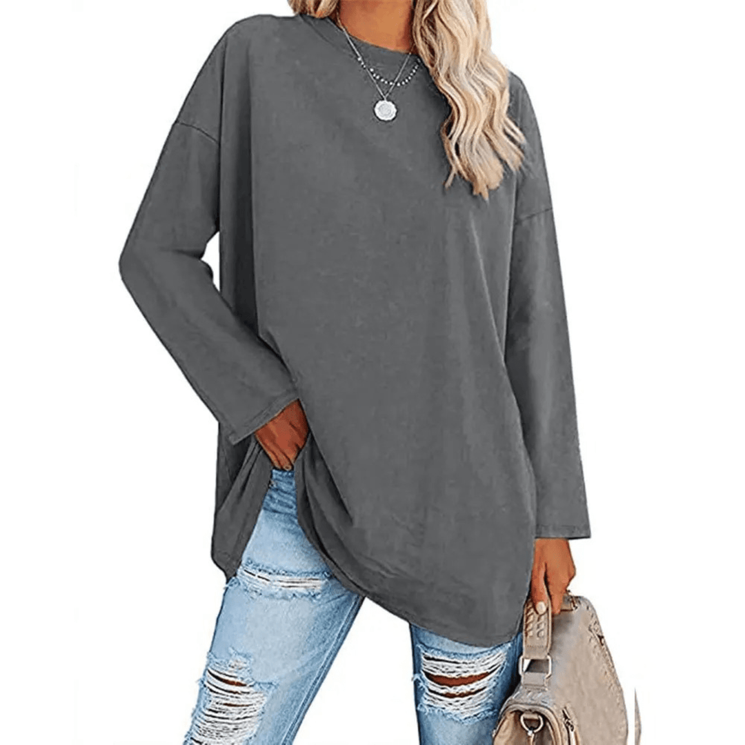 Oversized Dames Shirt – Losse Lange Top met Ronde Hals voor Lente en Dagelijks Gebruik