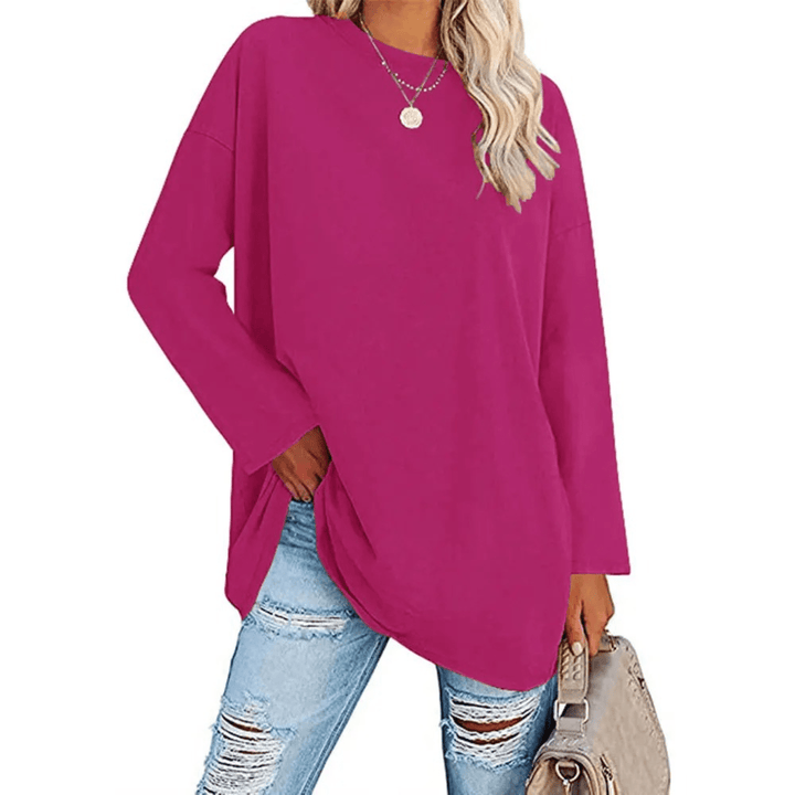 Oversized Dames Shirt – Losse Lange Top met Ronde Hals voor Lente en Dagelijks Gebruik