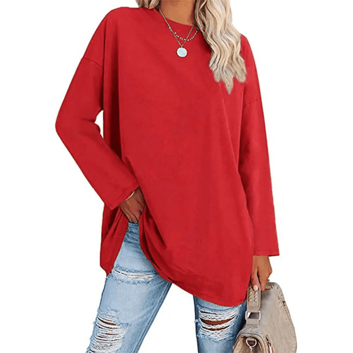 Oversized Dames Shirt – Losse Lange Top met Ronde Hals voor Lente en Dagelijks Gebruik