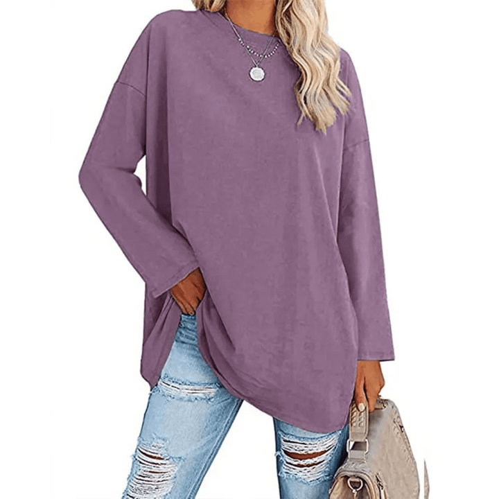 Oversized Dames Shirt – Losse Lange Top met Ronde Hals voor Lente en Dagelijks Gebruik