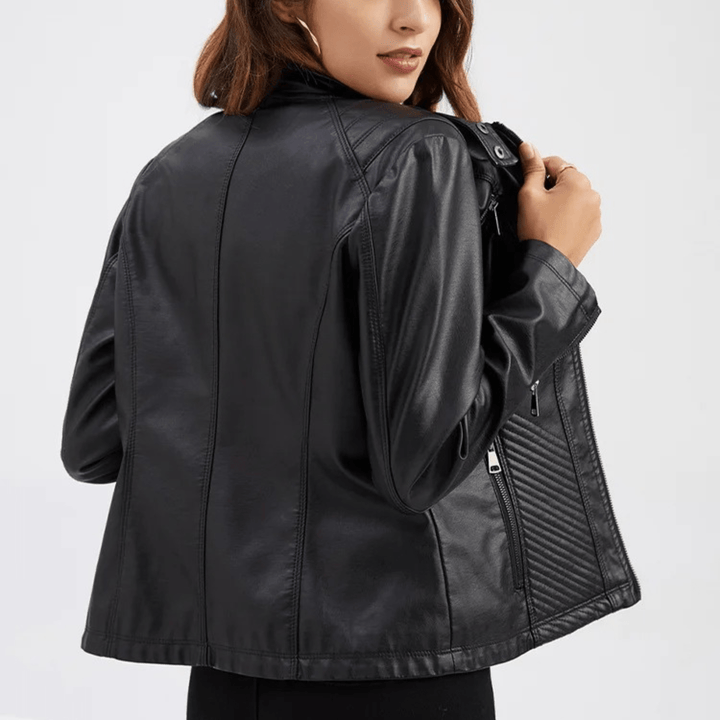 Slim Fit Leren Jack voor Dames – Bikerstijl met Opstaande Kraag voor Herfst en Casual
