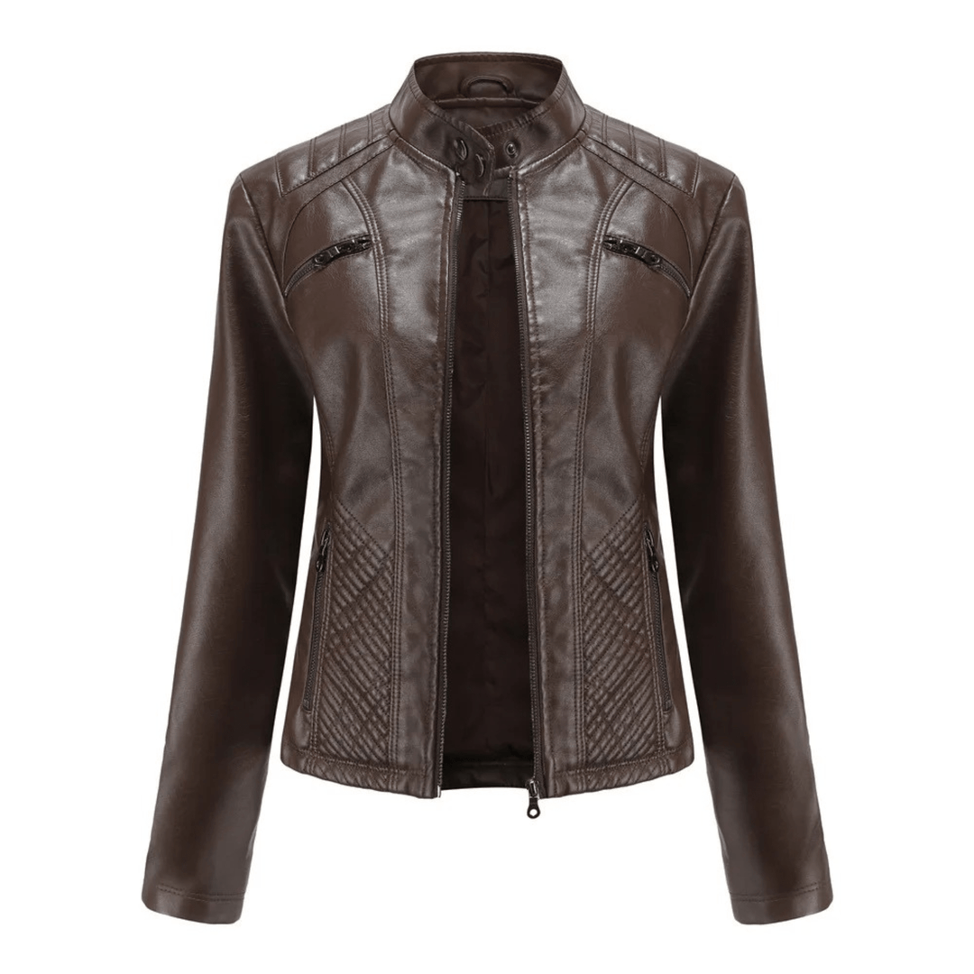 Slim Fit Leren Jack voor Dames – Bikerstijl met Opstaande Kraag voor Herfst en Casual