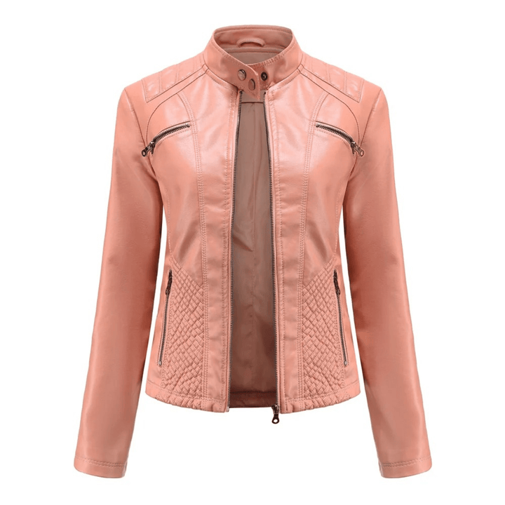 Slim Fit Leren Jack voor Dames – Bikerstijl met Opstaande Kraag voor Herfst en Casual