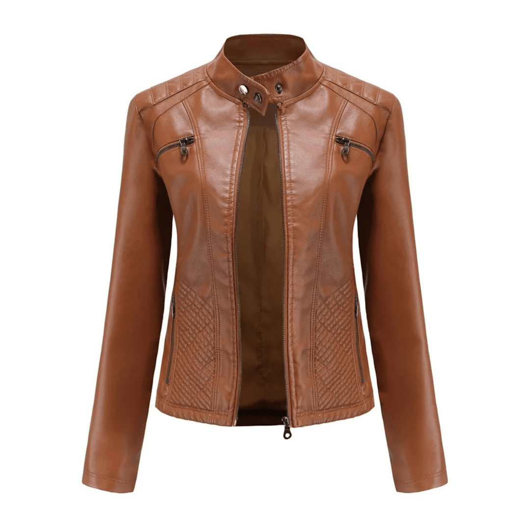 Slim Fit Leren Jack voor Dames – Bikerstijl met Opstaande Kraag voor Herfst en Casual