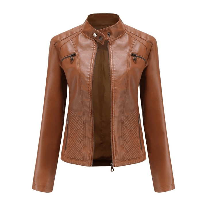 Slim Fit Leren Jack voor Dames – Bikerstijl met Opstaande Kraag voor Herfst en Casual