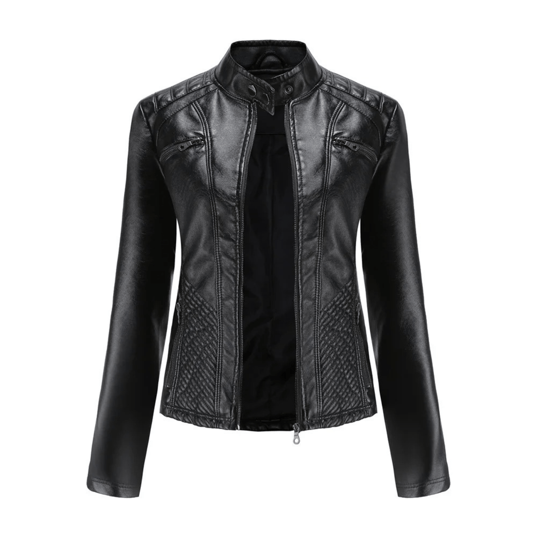 Slim Fit Leren Jack voor Dames – Bikerstijl met Opstaande Kraag voor Herfst en Casual
