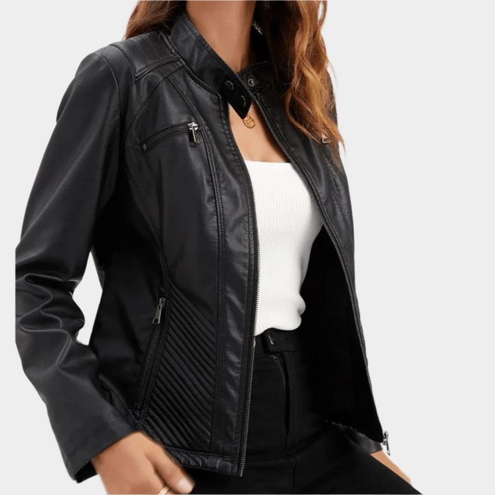 Slim Fit Leren Jack voor Dames – Bikerstijl met Opstaande Kraag voor Herfst en Casual